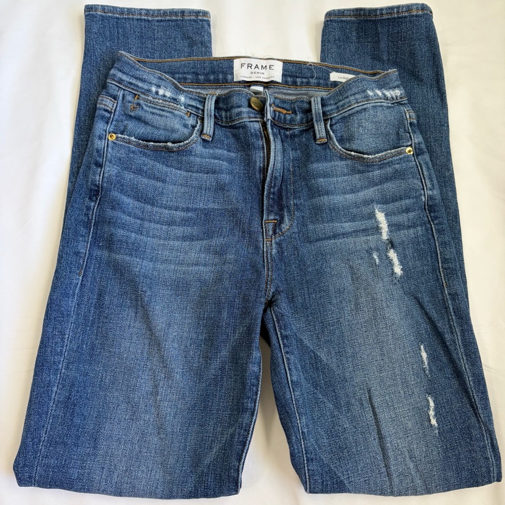 FRAME Le High Straight Jeans 24 Distressed Medium Wash High Rise Straight Leg